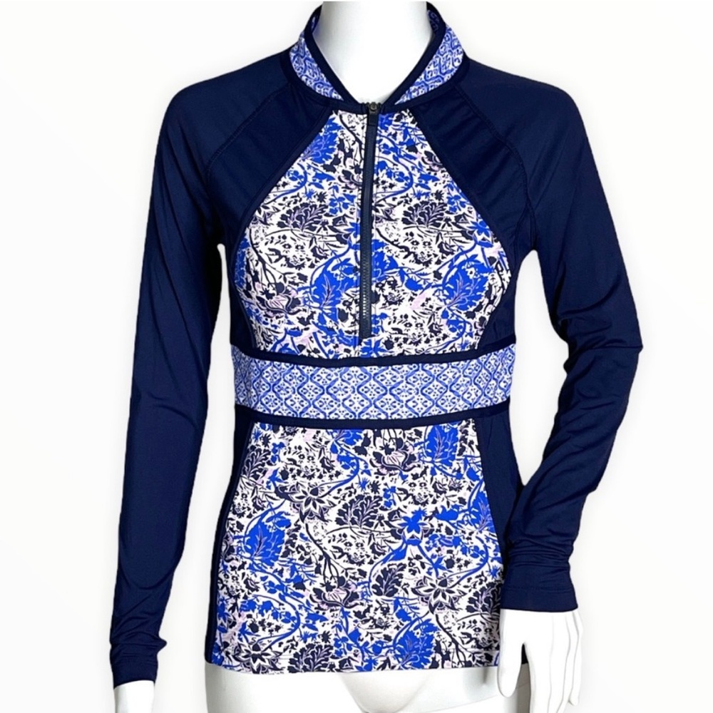 Athleta Rash Guard Top Blue Purple Long Sleeve High Neck Swimsuit Top